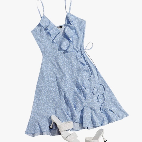 SHEIN Dresses & Skirts - Shein Women Blue White Floral Wrap Tie Ruffle Hem Dress Sleeveless Size XLarge